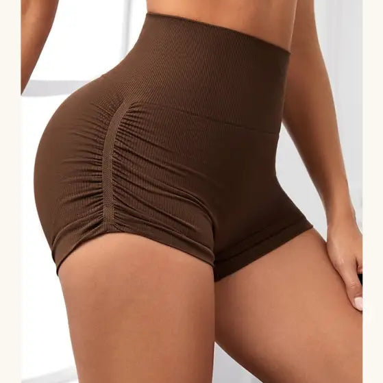 Brown ribbed high-waisted shorts from High Waist Peach Hip Fitness Pants collection