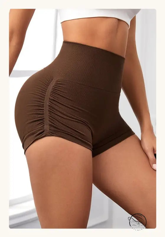 Brown ribbed high waist peach hip fitness pants with ruched design