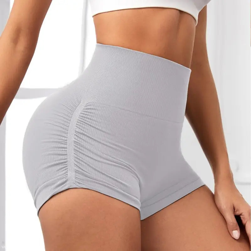 Gray ribbed high-waisted shorts from High Waist Peach Hip Fitness Pants collection