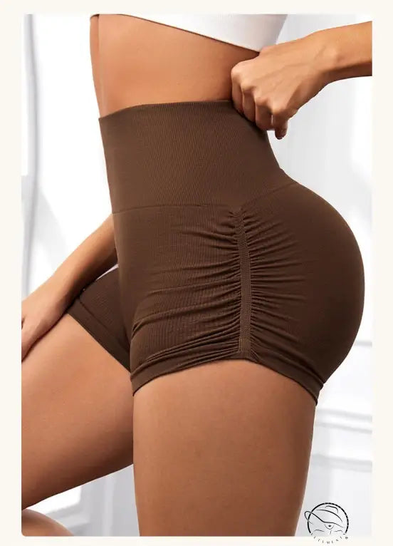 High waist peach hip fitness pants with brown ribbed shorts