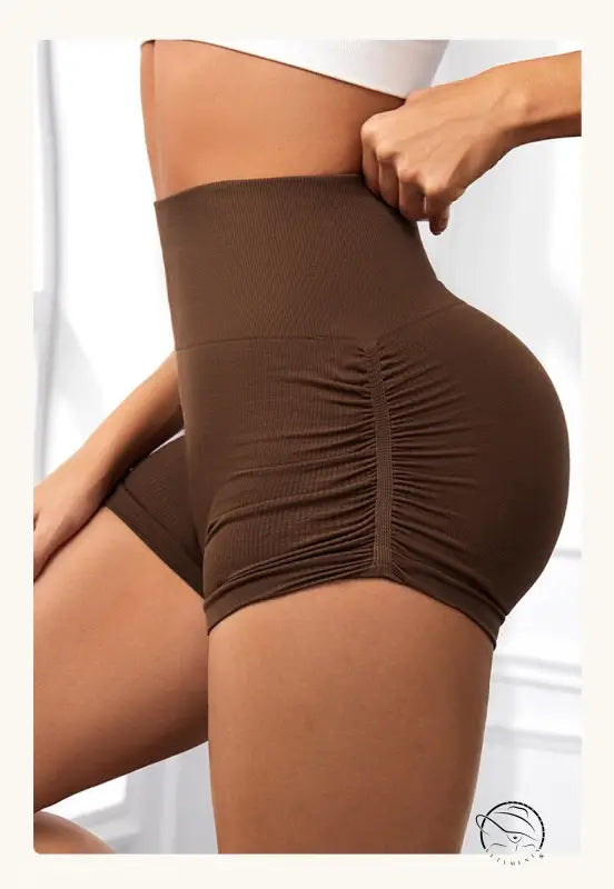 High waist peach hip fitness pants with brown ribbed shorts