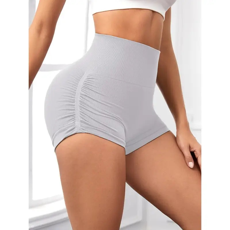 Gray ribbed high-waisted shorts from High Waist Peach Hip Fitness Pants collection