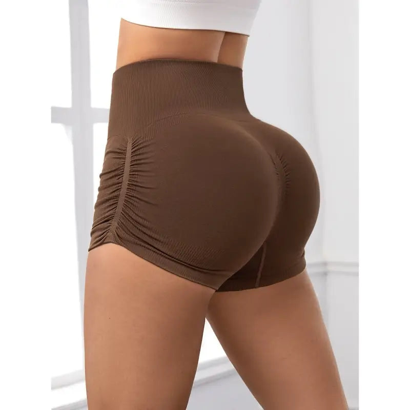 Brown ribbed high-waisted shorts from High Waist Peach Hip Fitness Pants collection
