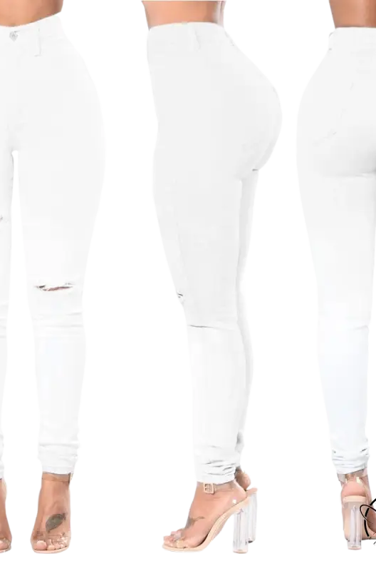 High waist white snowflake ripped jeans with casual cotton design