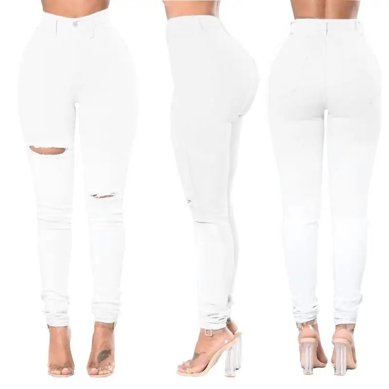 High Waist Ripped Casual Cotton Pants in White Snowflake Design featuring snowflake ripped jeans