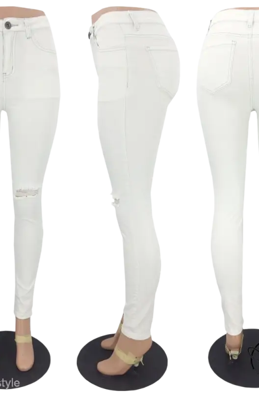 White high waist snowflake ripped jeans in cotton