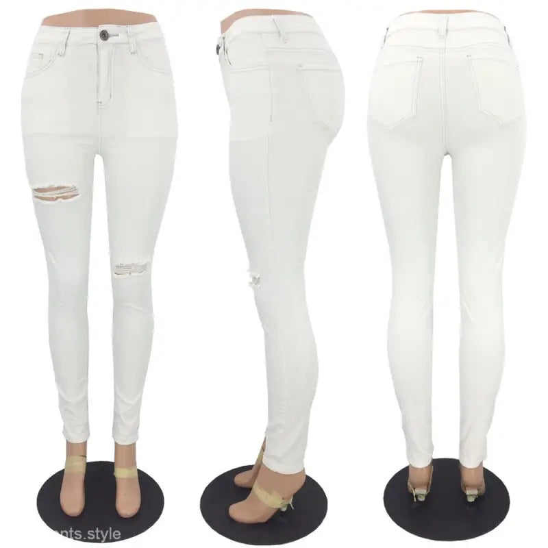 High Waist Ripped Casual Cotton Pants in White Snowflake Design, showcasing snowflake ripped jeans