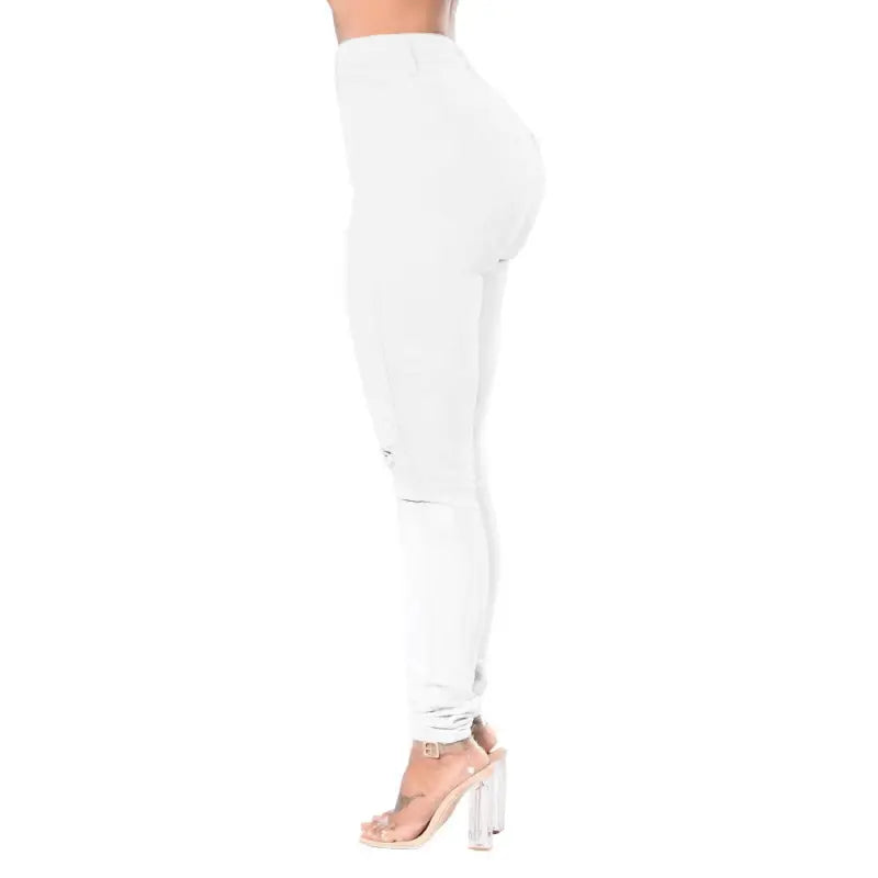 High Waist Ripped Casual Cotton Pants in White Snowflake Design for stylish outfits