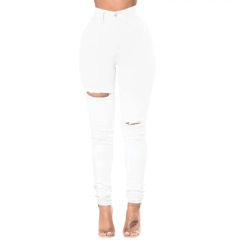 High Waist Ripped Casual Cotton Pants in White Snowflake Design, featuring stylish ripped jeans