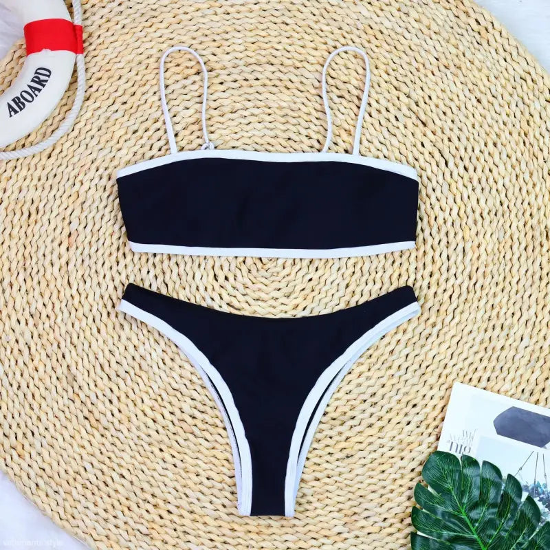 Black and white high waist sexy bikini with spaghetti straps for summer swimwear