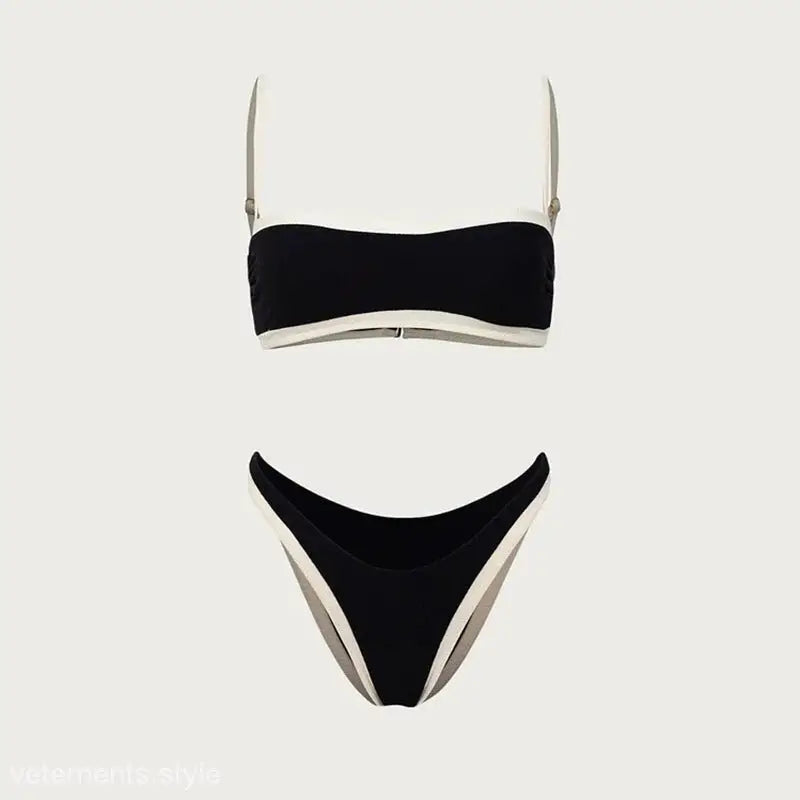 Black bikini swimsuit with white trim and thin straps for a high waist sexy bikini look
