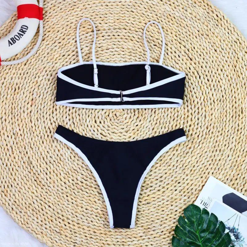 Black and white high waist sexy bikini with contrast trim for stylish summer swimwear