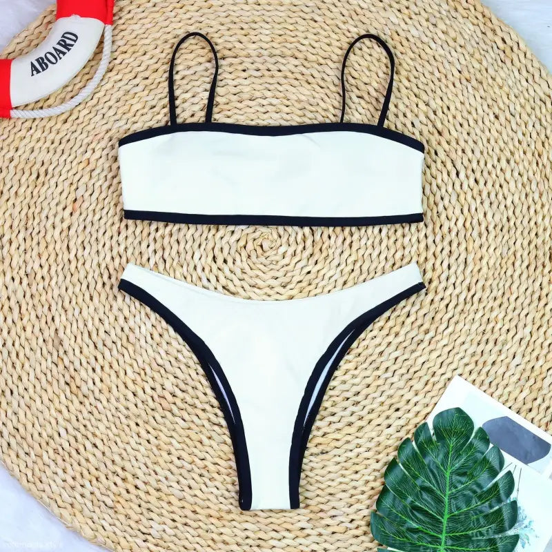 High Waist Bikini in white with black trim, a perfect high waist sexy bikini for summer