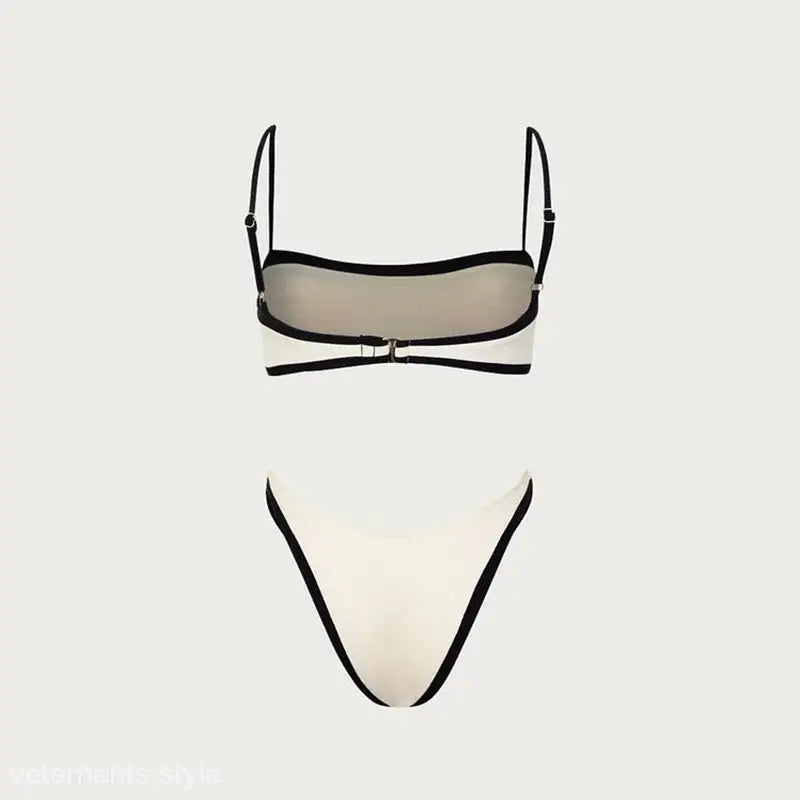 White bikini swimsuit with black trim, part of High Waist Bikini - Boho Polyester Summer Swimwear