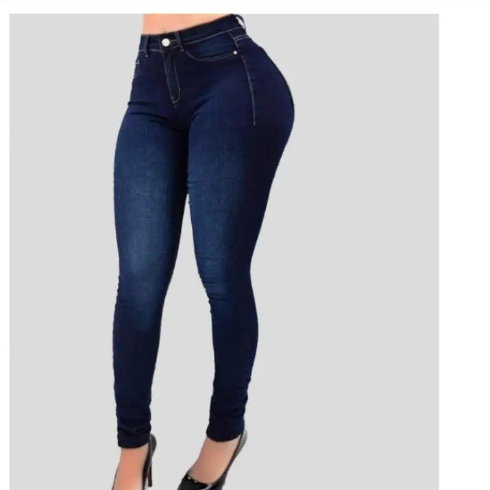 Dark blue high waist stretch slim fit skinny denim pants with visible stitching and button closure