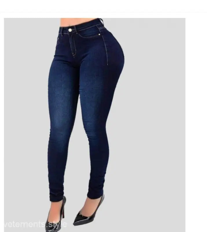 Dark blue high waist stretch slim fit skinny denim pants with visible stitching and button closure