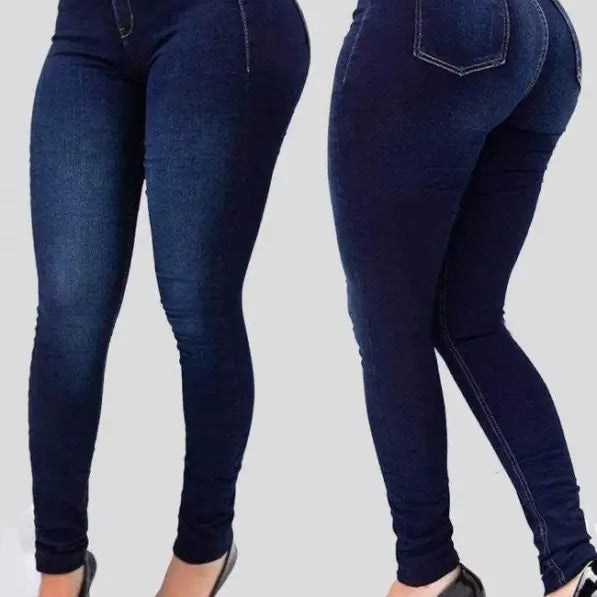 Dark blue high waist stretch slim fit skinny denim pants with pockets for casual wear