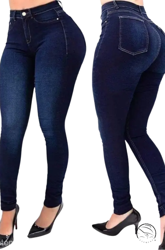 Dark blue high waist stretch slim fit skinny denim pants with pockets