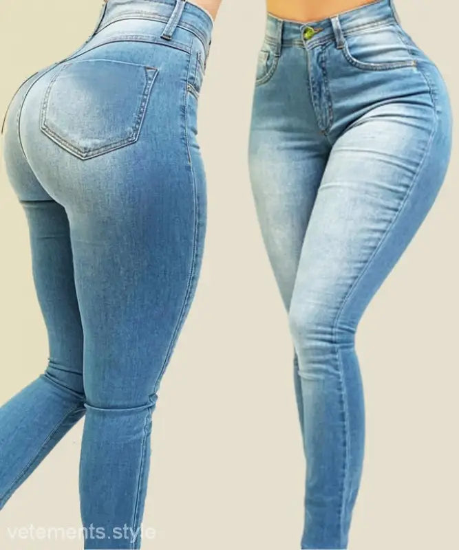 Light blue high waist stretch slim fit skinny denim pants for women casual wear