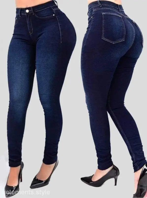 High waist stretch slim fit skinny denim pants with black high heels for casual wear