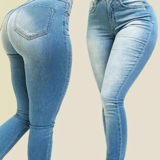 Two pairs of light blue high waist stretch slim fit skinny denim pants for women
