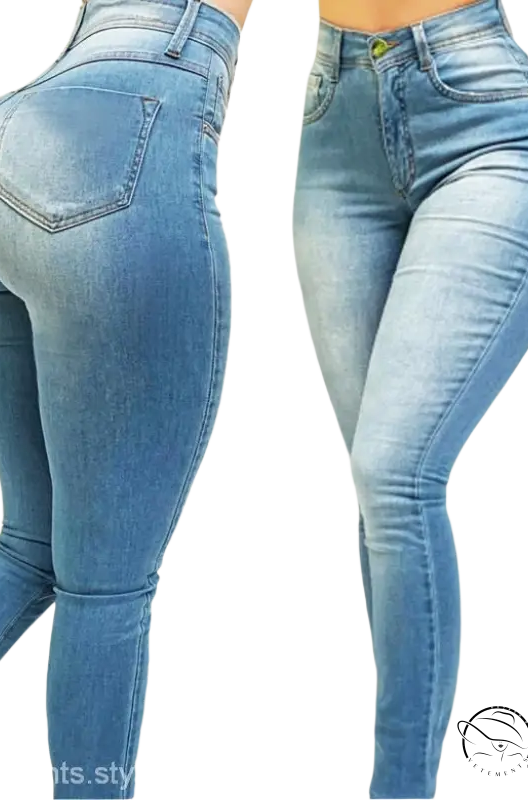 Two pairs of light blue high waist stretch slim fit skinny denim jeans