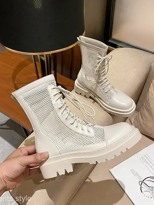 Pair of white hollow Langry boots with free shipping