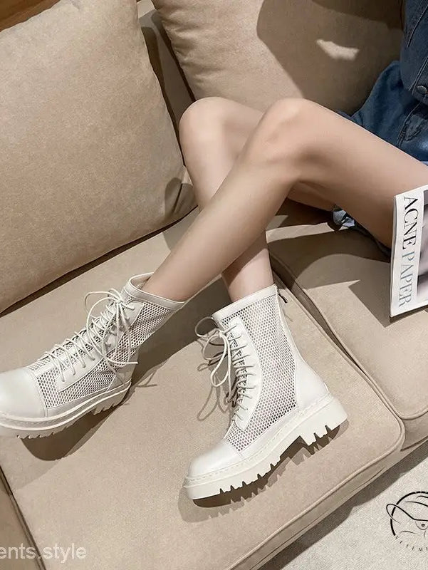 White hollow boots for women with mesh, chunky soles, lace-up design, free shipping by Langry