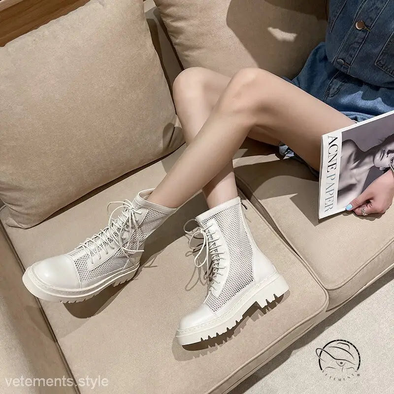 White hollow boots for women with mesh, chunky soles, lace-up design, free shipping by Langry