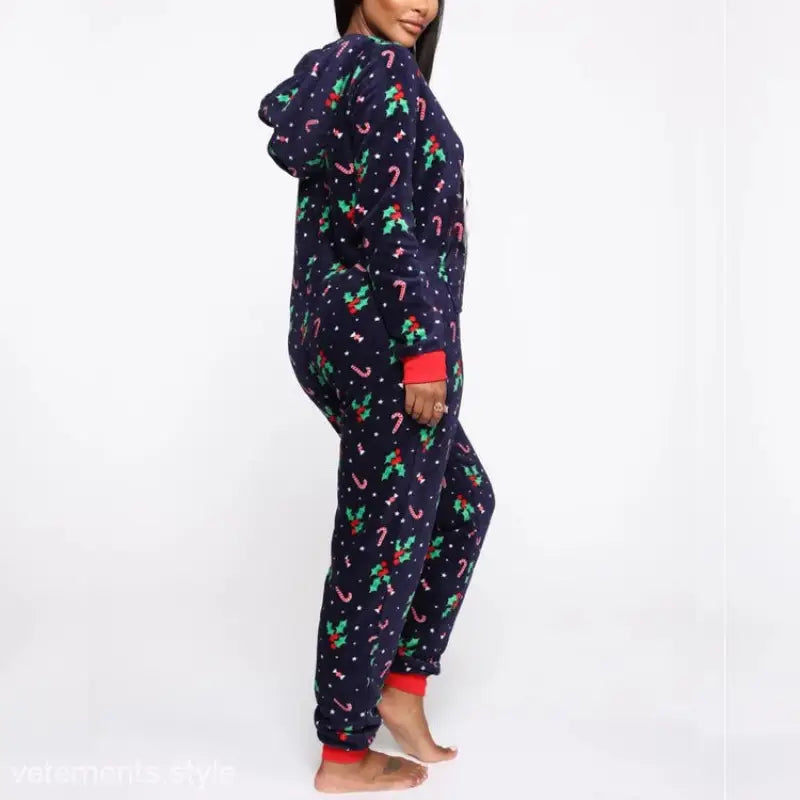Christmas plaid homewear hooded onesie pajamas with candy canes and trees design