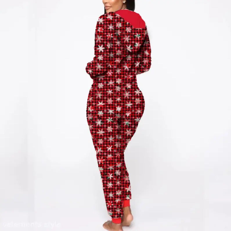 Red and black plaid onesie pajama with snowflakes from Hooded Casual Pajamas collection