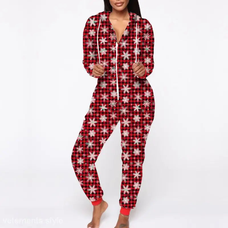 Red and black plaid homewear hooded pajamas featuring a white snowflake pattern