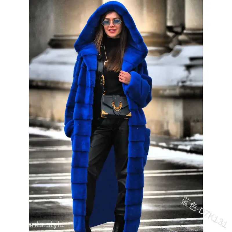 Royal blue hooded cotton padded faux fur coat for winter warmth