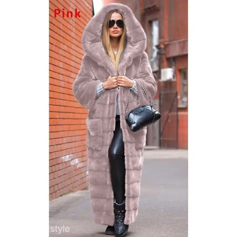 Long hooded cotton padded faux fur coat for warmth