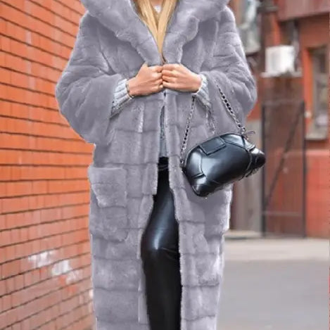 Grey hooded cotton padded faux fur coat with silver lining
