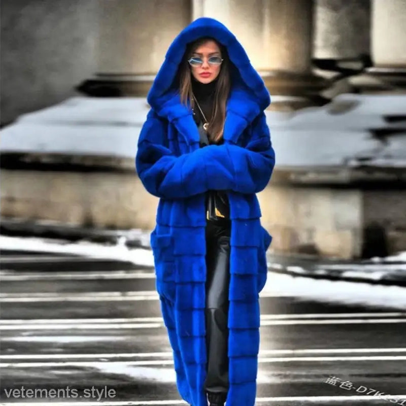 Royal blue hooded cotton padded coat with faux fur trim