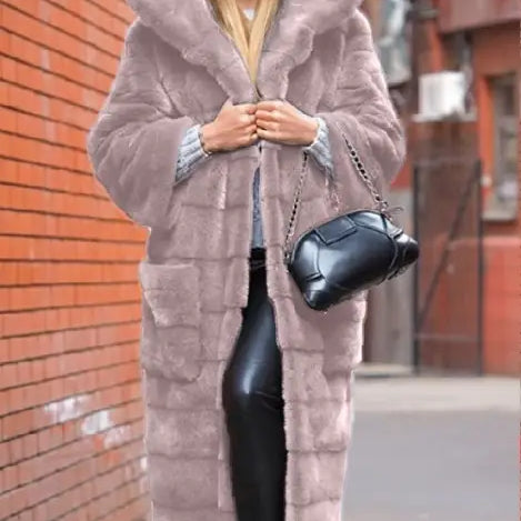Pink hooded cotton padded faux fur coat with gold zipper