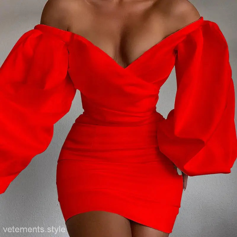 Red hope mini dress featuring off-the-shoulder design and stylish bodycon fit