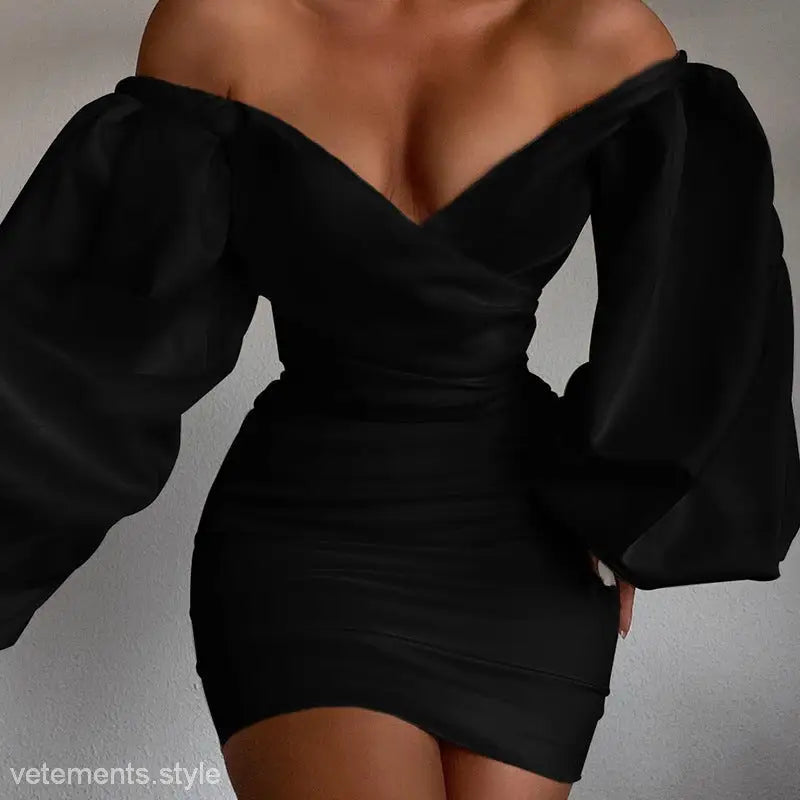 Black hope mini dress, stylish off-the-shoulder bodycon long sleeve shoulder dress