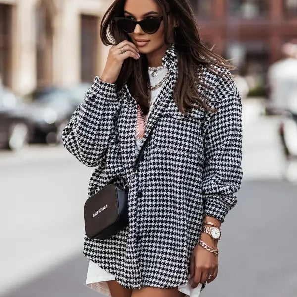 Houndstooth Brushed Shacket styled over a white dress for women’s casual outings