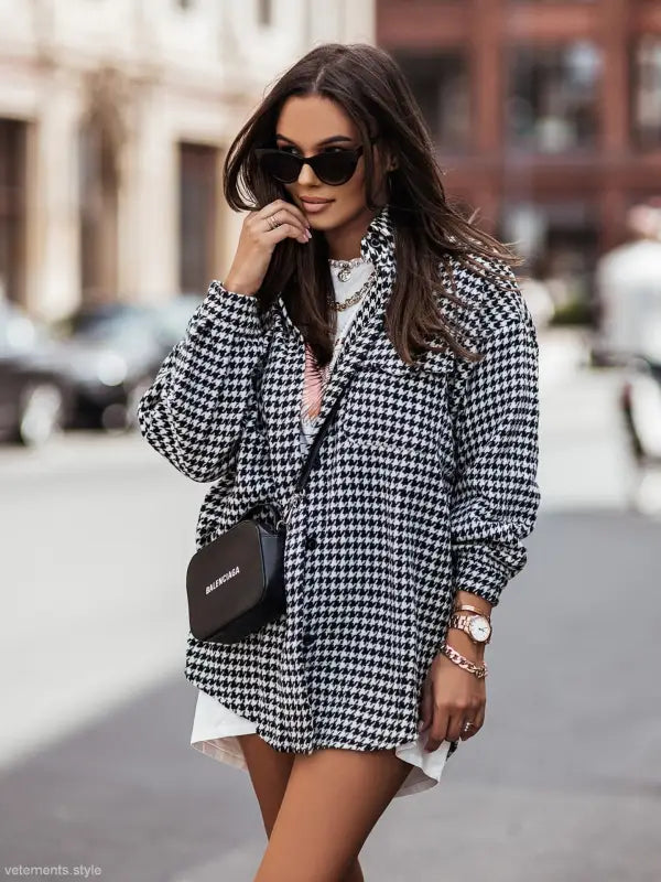 Houndstooth Brushed Shacket styled over a white dress for women’s casual outings