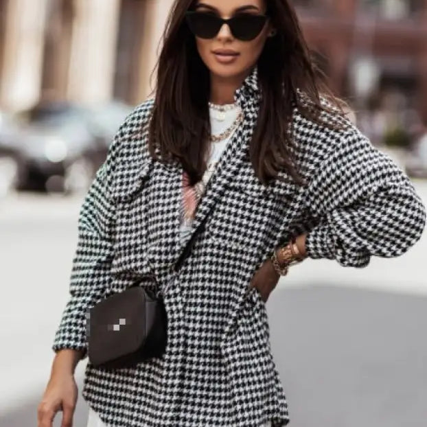 Houndstooth Brushed Shacket worn over a white dress for a stylish dayout casual coat