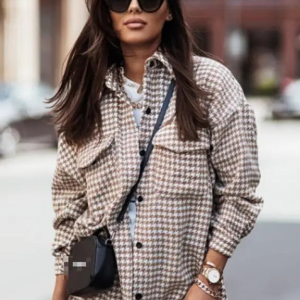Houndstooth Brushed Shacket worn by woman with sunglasses for dayout casual coat style