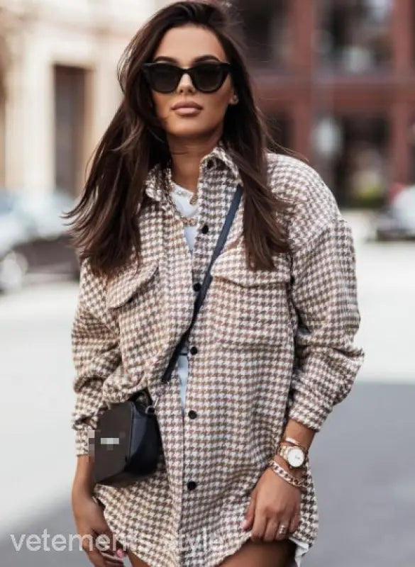 Houndstooth Brushed Shacket worn by woman with sunglasses for dayout casual coat style