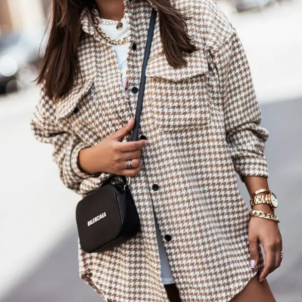 Houndstooth Brushed Shacket styled as a dress, perfect for a dayout casual coat
