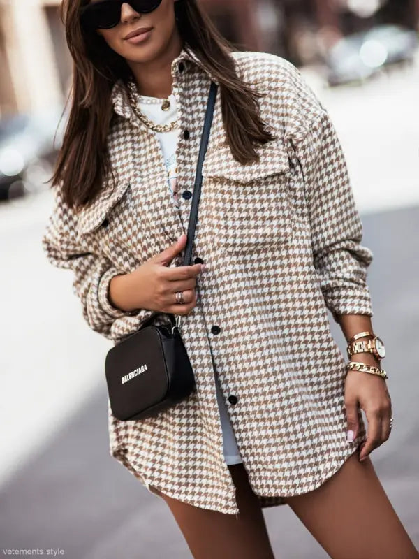 Houndstooth Brushed Shacket styled as a dress, perfect for a dayout casual coat