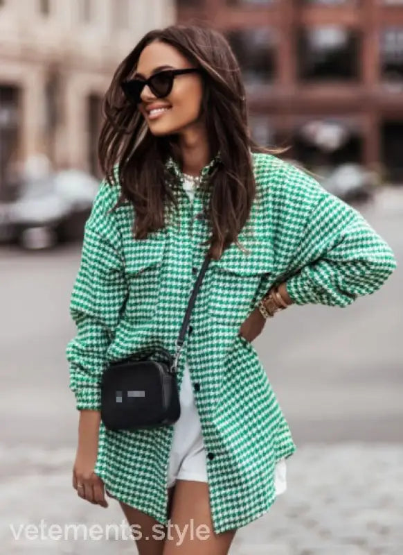 Green and white checkered houndstooth brushed shacket paired with white shorts and a bag