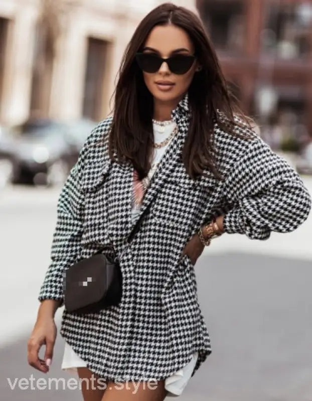 Houndstooth Brushed Shacket over a white dress, ideal for a dayout casual coat look