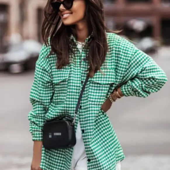 Green and white checkered houndstooth brushed shacket over shorts for casual outings