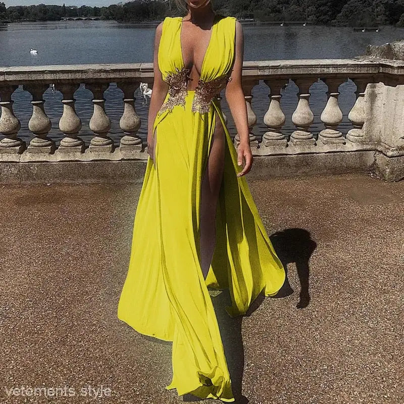 Neon yellow high-slit swimsuit dress with beaded bodice, young style beach cover